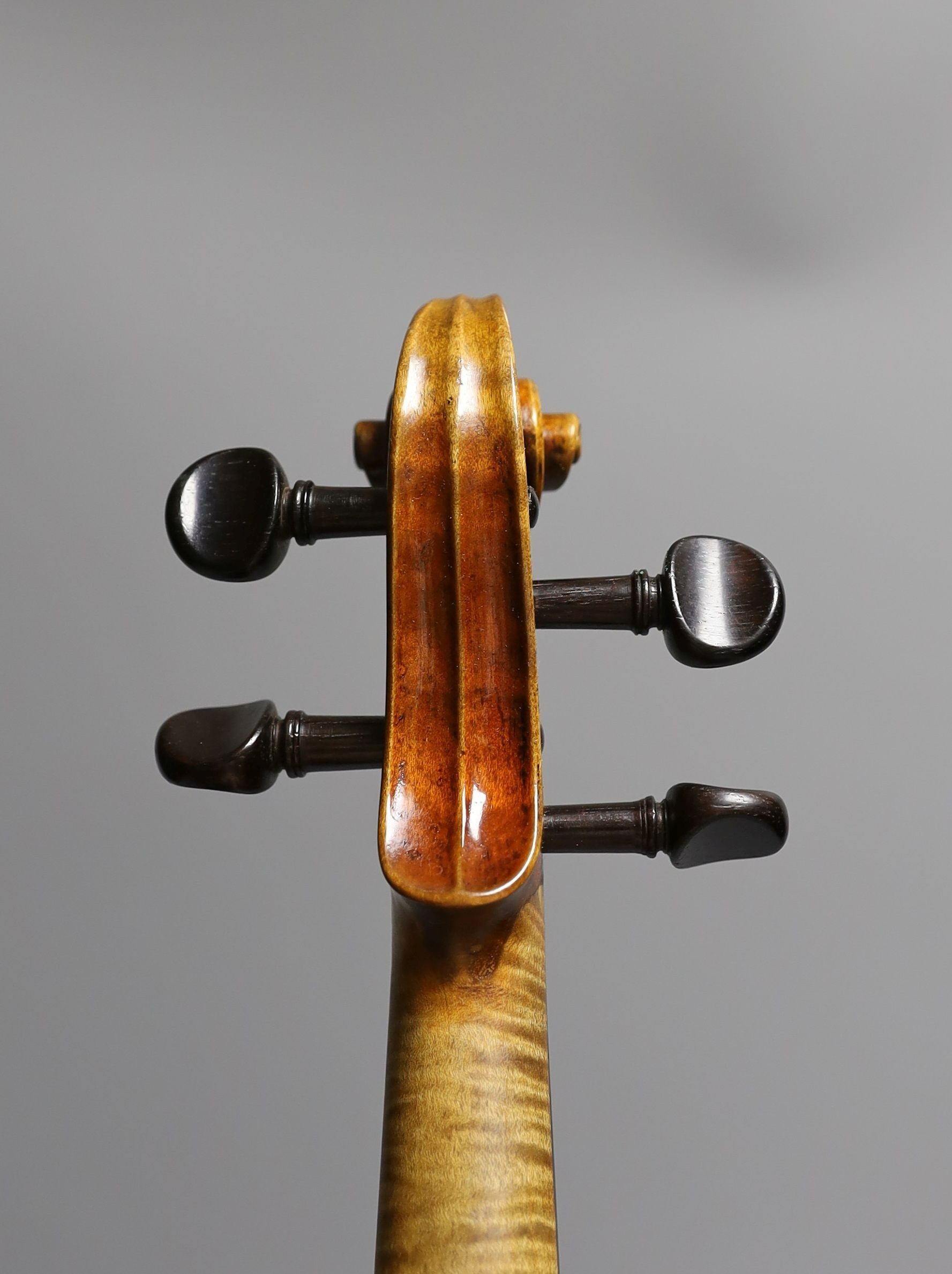 A 19th century violin labelled JB Guadagnini, back measures 35cm, with two bows, one silver-mounted.